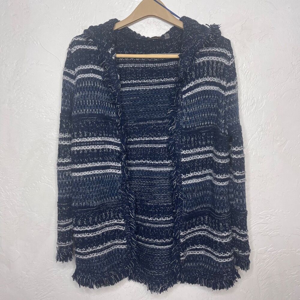 Fylo London Size Small Hooded Sweater Cardigan Open Front Fringe Blue